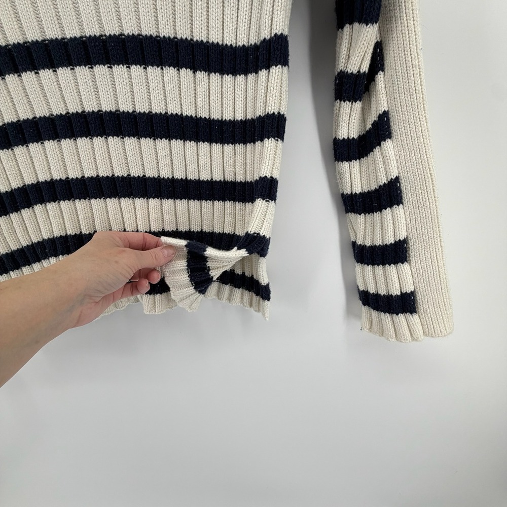 Abercrombie Fitch Striped Mock Neck Ribbed Knit Sweater Cream Navy Women's L - Picture 4 of 9